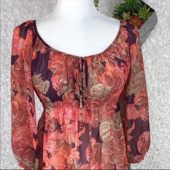 Boston Proper Boho Print Bead Tasseled Empire Waist Peasant Top Size 4 - Picture 9 of 9